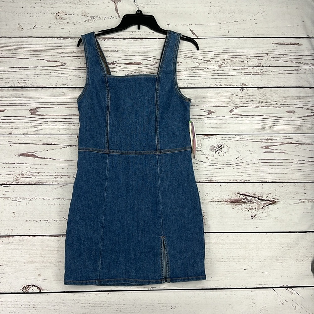 Tinseltown Juniors Square Neck Seamed Slit Front Denim Dress